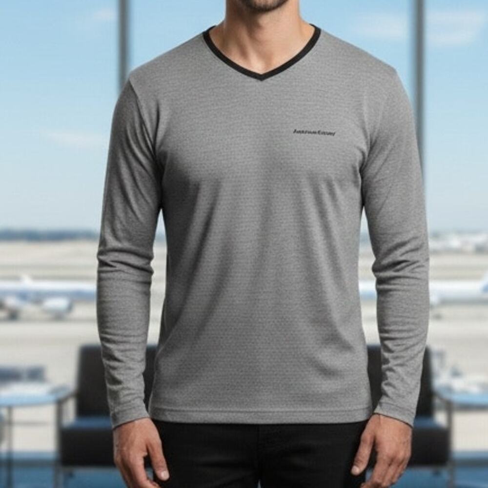 American Airlines Black White Stripe Long Sleeve V Neck  Vintage 90's Tee L/XL